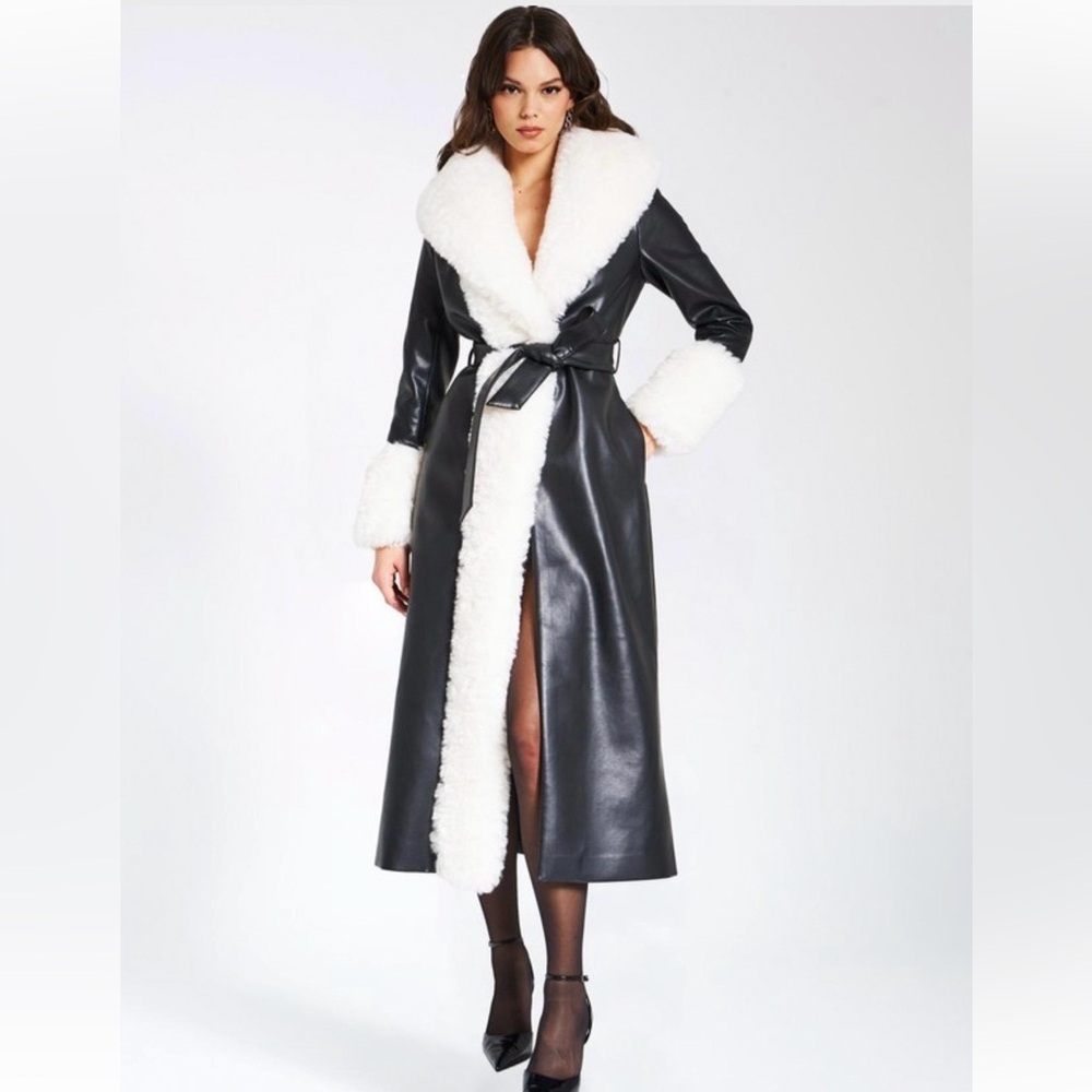 Black Vegan Leather Trench Coat with White Faux Fur Trim